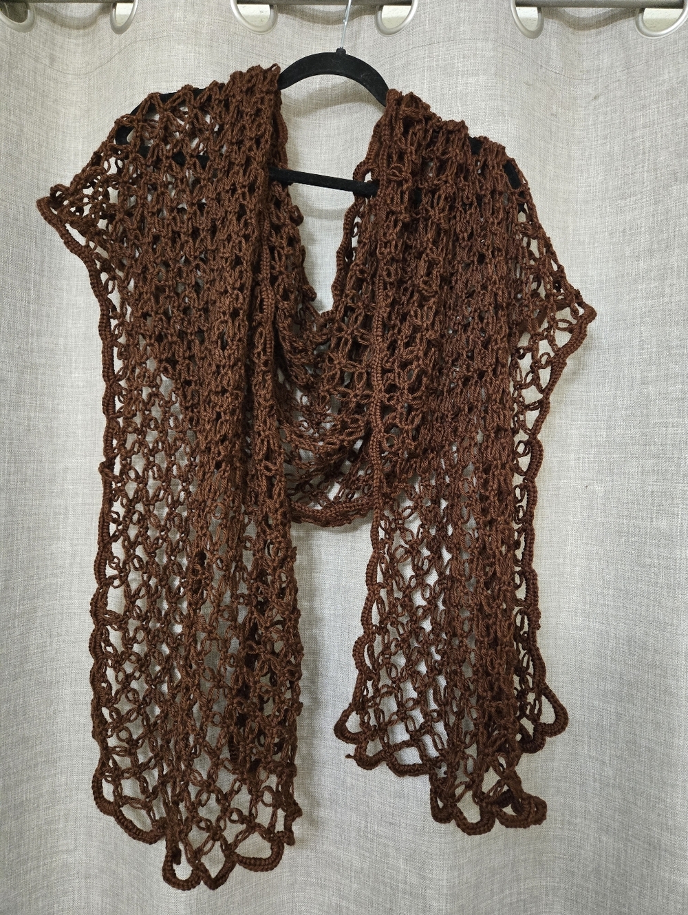 Hand-Crocheted Open Weave Brown Scarf/ Shawl